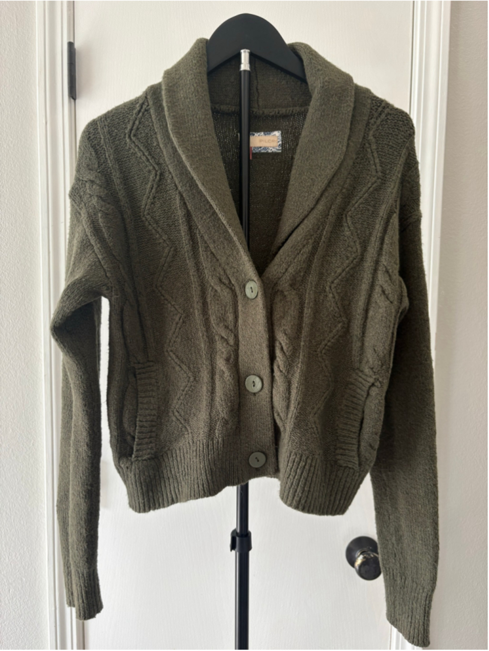 Pilcro Anthropologie Chunky Knit Button Up Cardigan Olive Green Size XS Flaw